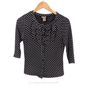 Vintage Polkadot Cardigan Top S Black Ruffle Twee Y2K Retro Glam Secretary 3/4